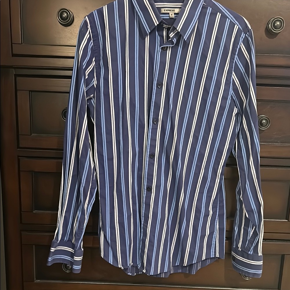 Express Blue and White Casual Button Down Shirt with Stripes